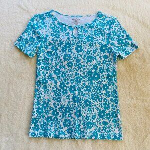 Women's Floral Print Cotton T-Shirt White w/Teal Flowers size Small 100% Cotton